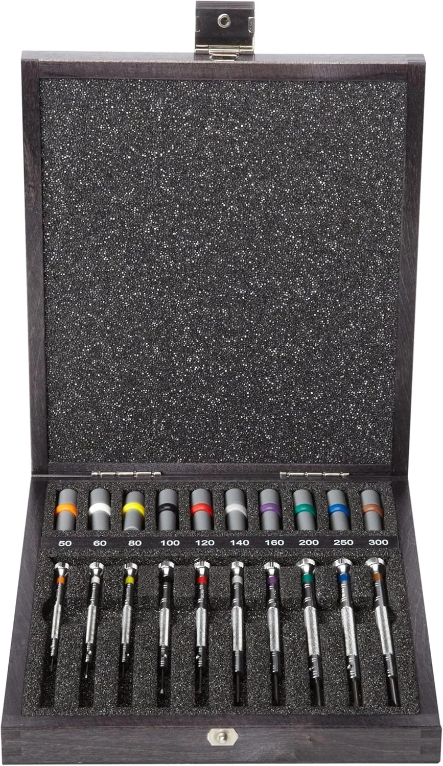 Bergeon 55-606 30080 Set of 10 Screwdrivers with 10 Tubes with Spare Blades in Wooden Box Watch Repair Kit