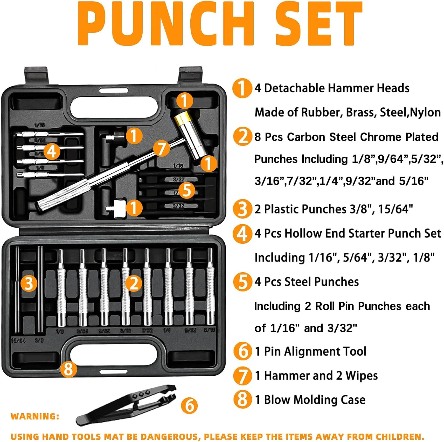BESTNULE Punch Set, Pin Punches, Punch Tool, Roll Pin Punch Set, Made of High Quality Metal Material Including Punches and Hammer, Mechanical Repair Tool, with Organizer Storage Box (with Bench Block)