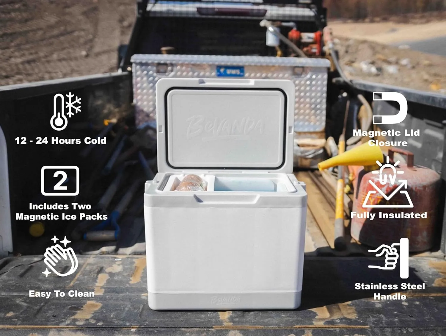 Bevanda - Verge Insulated Lunch Box Cooler - Durable Hard Shell - 2 Magnetic Ice Packs Included - Magnetic Lid & Air Tight Seal - Keeps Food Hot or Cold for Hours - Stainless Steel Handle