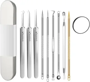 Blackhead Tweezers Remover, Stainless Steel Blackhead Remover Kit, Professional Pimple Extractor Popper Tool Kit, for Forehead, Facial and Nose (9pcs 15xMagnifying Glass)