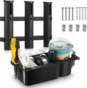 Boat Cup Holder and 3 Fishing Rod Holder Boat Storage Organizer Tube Holder Rack Installed with Screws/Suction Cups for Kayak Pontoon Boat Fishing Poles Pliers Accessories
