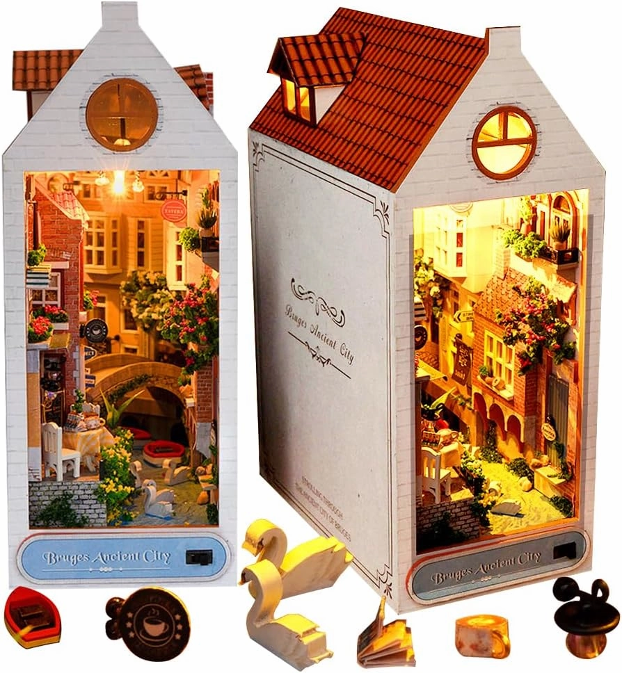 Book Nook Kit DIY Miniature House with LED Light Booknook Bookshelf Insert Decor Wooden Bookend Craft Hobby Diorama Kit Unique Gifts