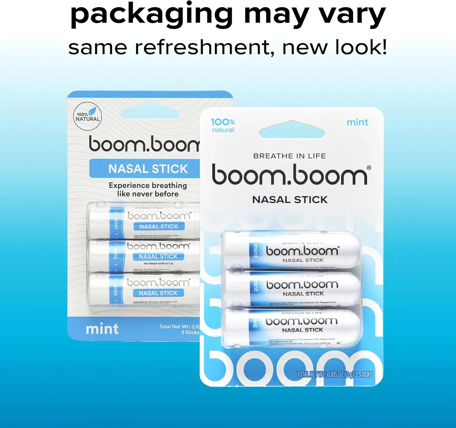 BoomBoom Nasal Stick (3 Pack) | Vapor Flow Technology | Better Breathing   Natural Focus | Cool Refreshing Sensation | Premium Essential Oils   Menthol Inhaler (Mint)