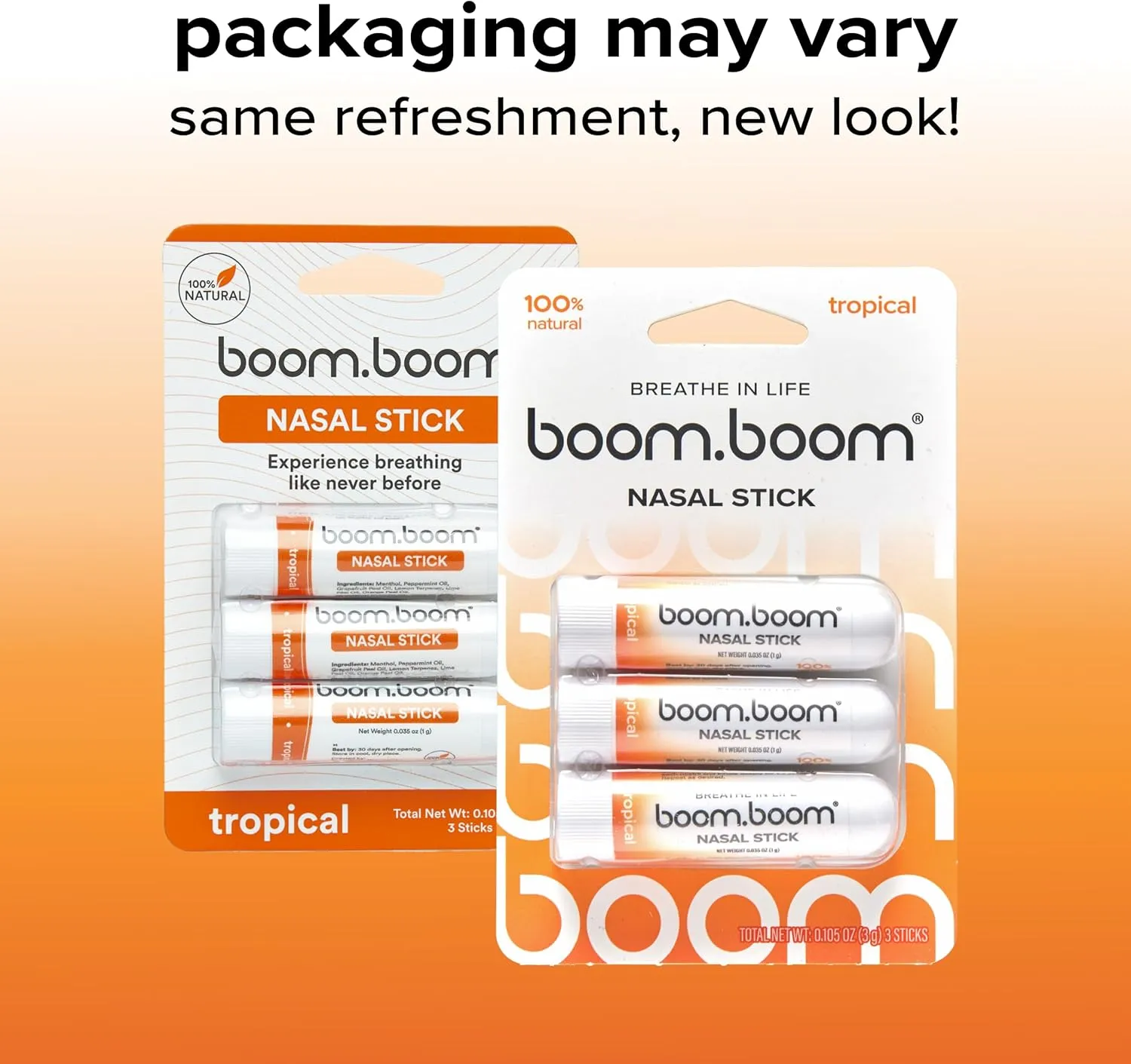 BoomBoom Nasal Stick (3 Pack) | Vapor Flow Technology | Better Breathing   Natural Focus | Cool Refreshing Sensation | Premium Essential Oils   Menthol Inhaler (Tropical)