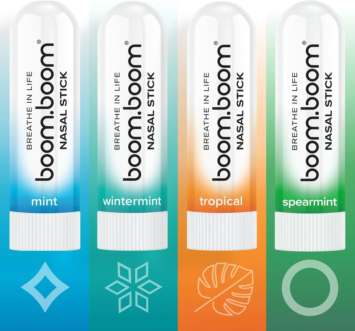 BoomBoom Nasal Stick (4 Pack) | Vapor Flow Technology | Better Breathing | Cool Refreshing Sensation | Premium Essential Oils   Menthol Inhaler (Mint, Wintermint, Tropical, Spearmint)