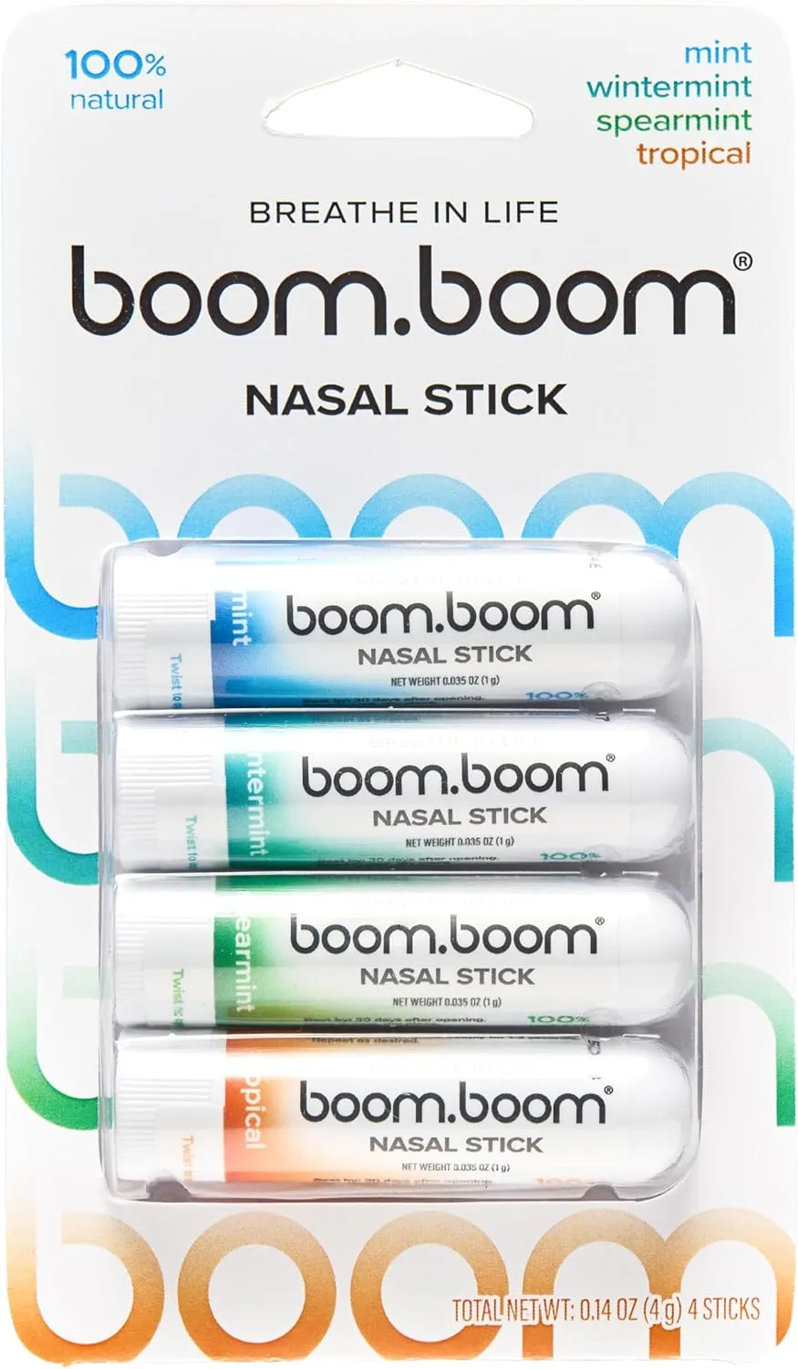 BoomBoom Nasal Stick (4 Pack) | Vapor Flow Technology | Better Breathing | Cool Refreshing Sensation | Premium Essential Oils   Menthol Inhaler (Mint, Wintermint, Tropical, Spearmint)