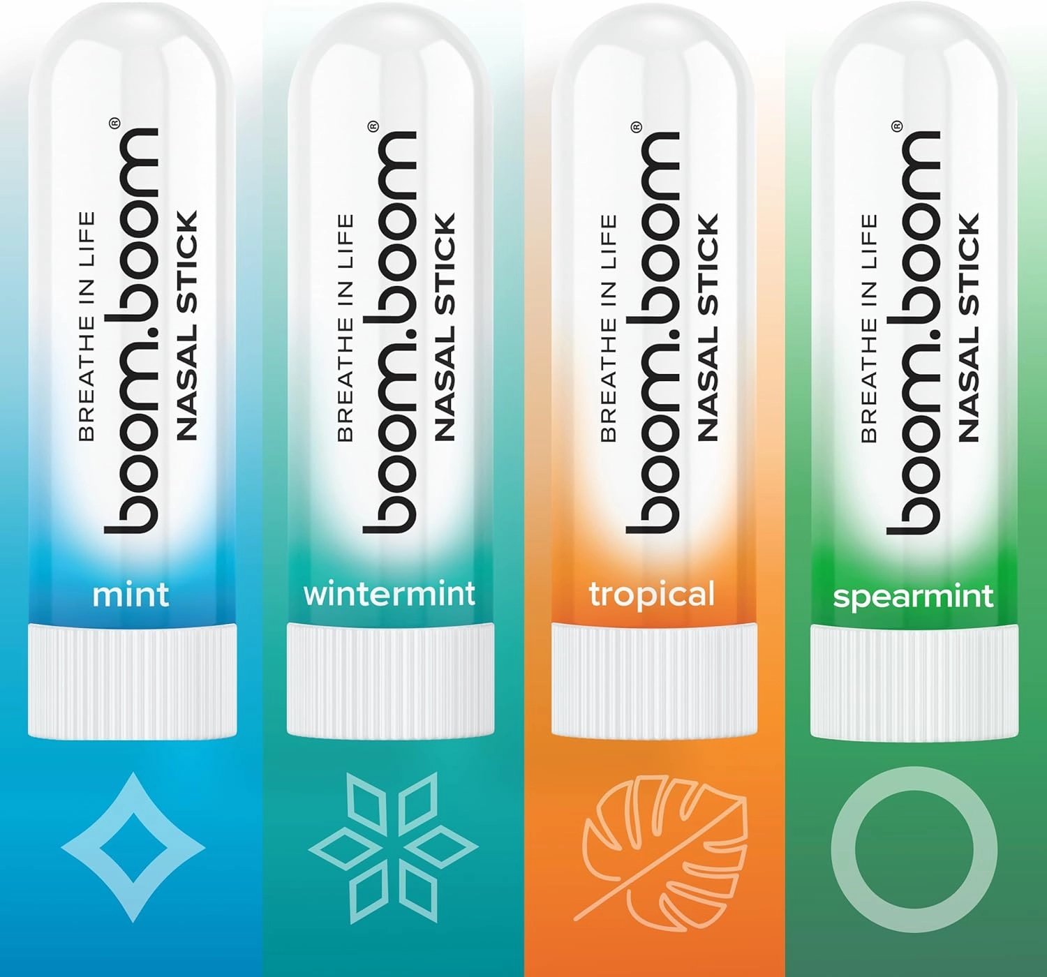 BoomBoom Nasal Stick (4 Pack) | Vapor Flow Technology | Better Breathing | Cool Refreshing Sensation | Premium Essential Oils   Menthol Inhaler (Mint, Wintermint, Tropical, Spearmint)