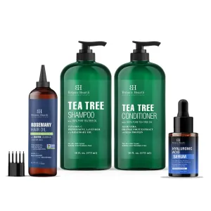 Botanic Hearth Tea Tree Shampoo and Conditioner Set 16 x2 with Hyaluronic Serum 1 fl oz and Rosemary Hair oil 6.7 fl oz Combo Set