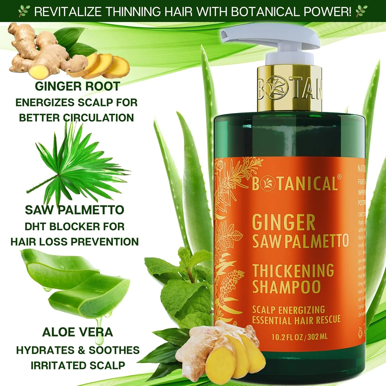 Botanical Hair Growth Ginger Shampoo with Saw Palmetto for Hair Loss and Hair Thinning Prevention Scalp Energizing Natural Thickening Shampoo Regrowth Products For Women & Men 10.2 Fl Oz
