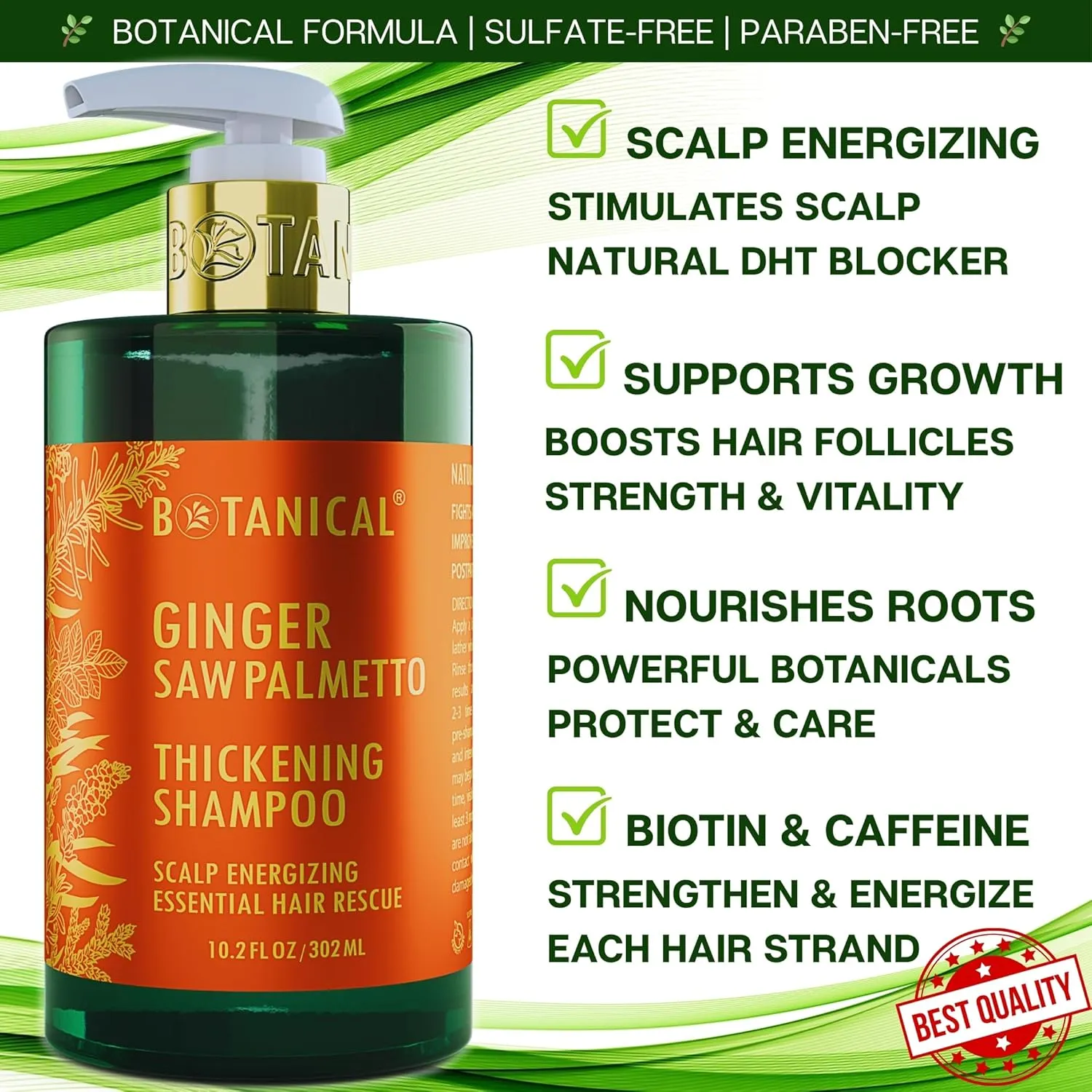 Botanical Hair Growth Ginger Shampoo with Saw Palmetto for Hair Loss and Hair Thinning Prevention Scalp Energizing Natural Thickening Shampoo Regrowth Products For Women & Men 10.2 Fl Oz