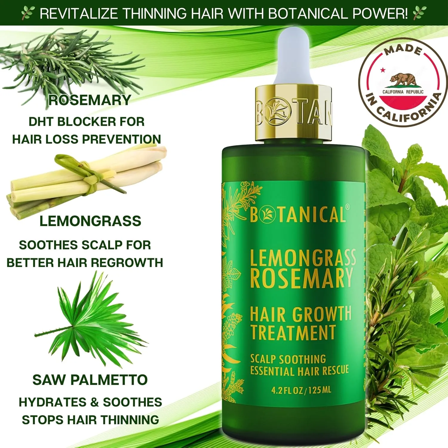 Botanical Scalp Soothing Hair Treatment with Lemongrass, Rosemary Oil, and Biotin - Stimulating Pre-Shampoo Thickening Formula for Thinning Hair in Women & Men, 4.2 Fl Oz