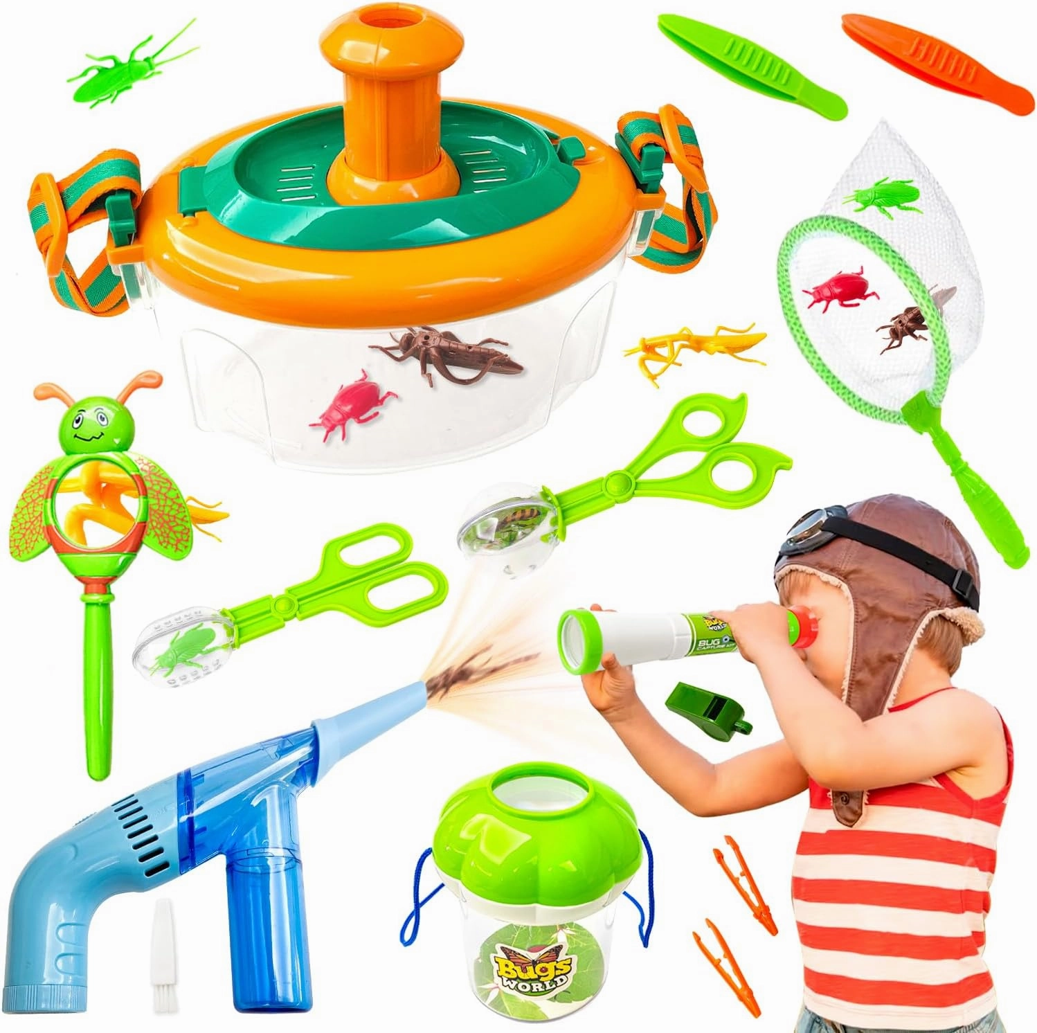 Bug Catcher Kit for Kids, 18pcs Bug Catching Kit Including Bug Cage Scissor Style Bug Catcher Tong Vacuumtweezers Magnifying Glass etc Bug Catching Kit for Kids 5-7, 8-12