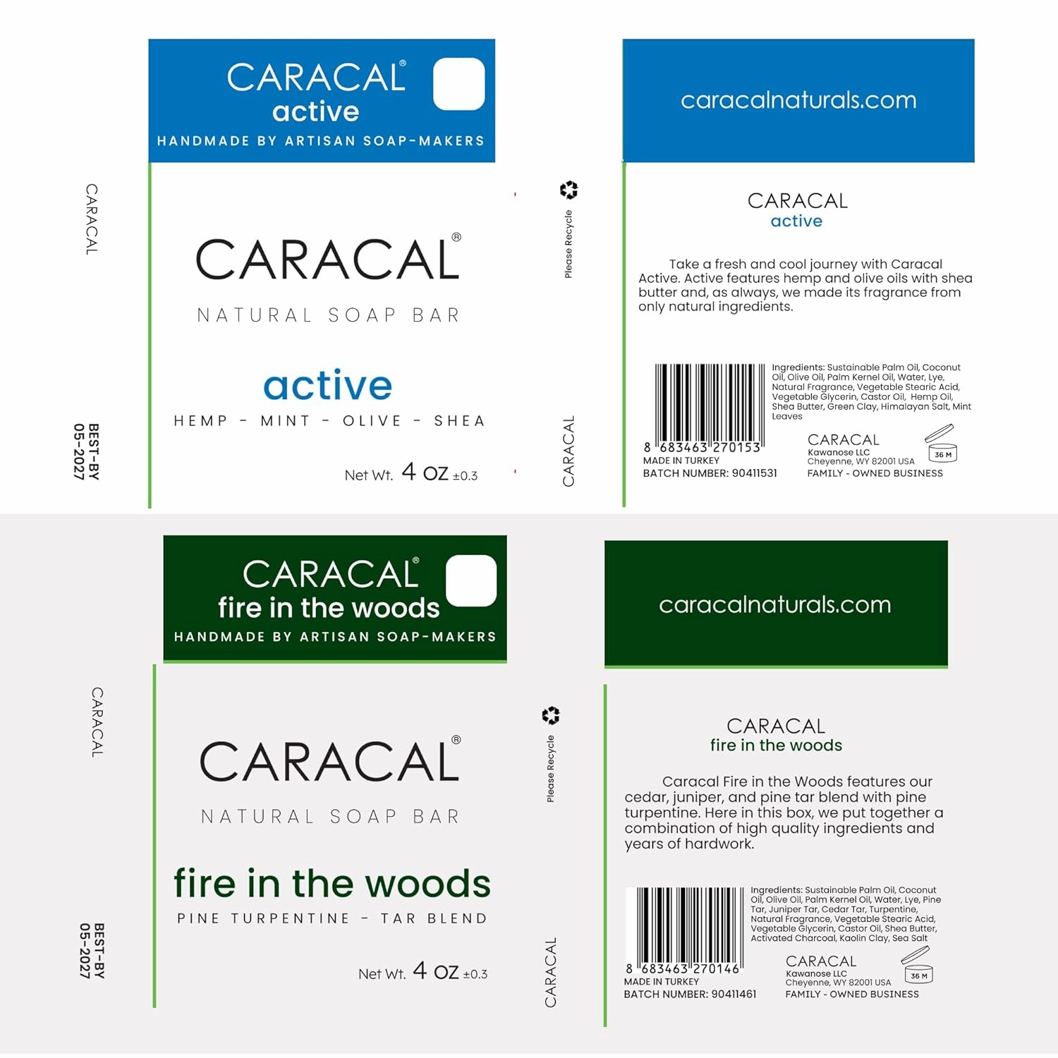CARACAL 6-Bar Variety Pack, Handmade All Natural Soap for Men - Active, Purely Special, Floral Fame, Fire in The Woods, 2x ClarySweet