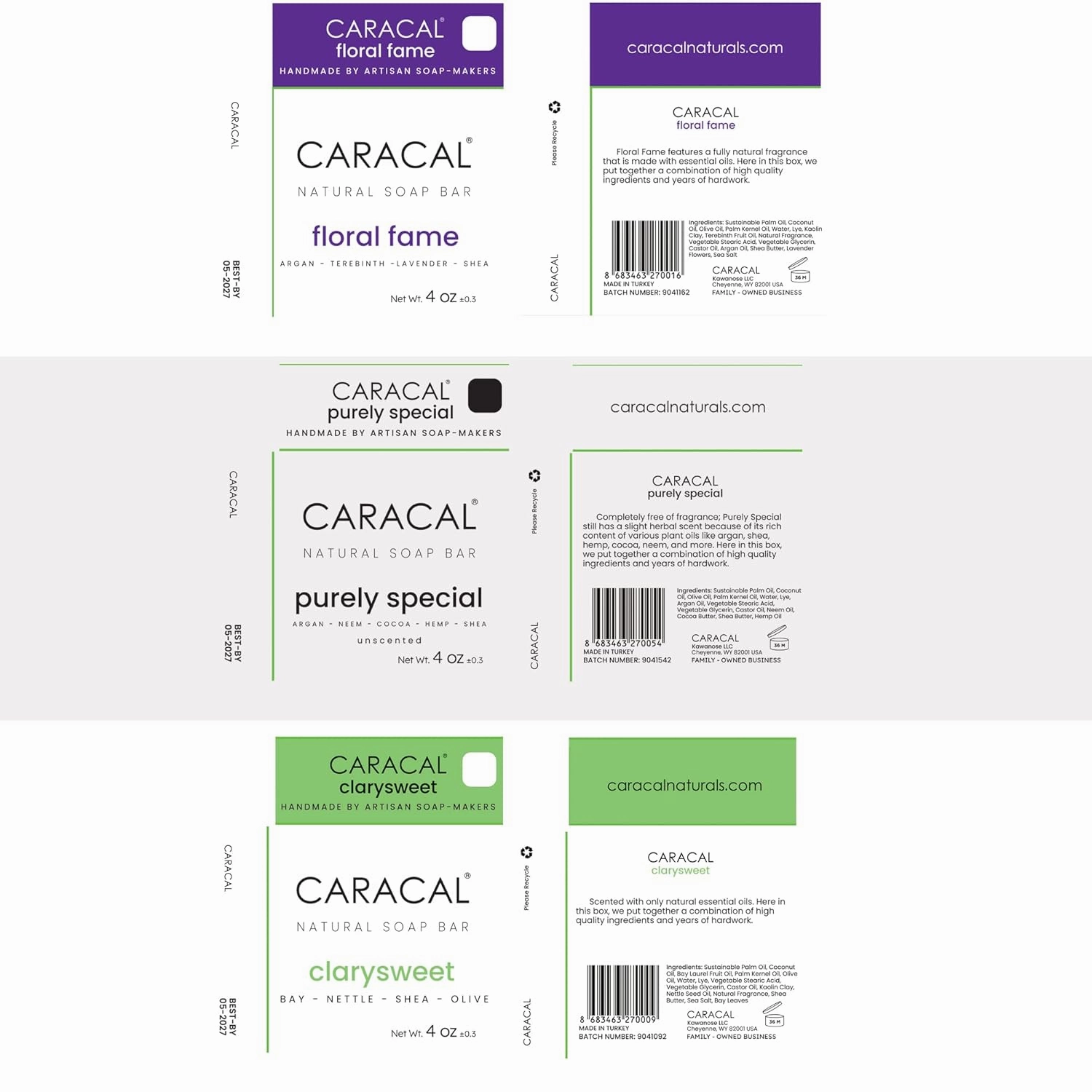 CARACAL 6-Bar Variety Pack, Handmade All Natural Soap for Men - Active, Purely Special, Floral Fame, Fire in The Woods, 2x ClarySweet