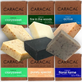 CARACAL 6-Bar Variety Pack, Handmade All Natural Soap for Men - Active, Purely Special, Floral Fame, Fire in The Woods, 2x ClarySweet