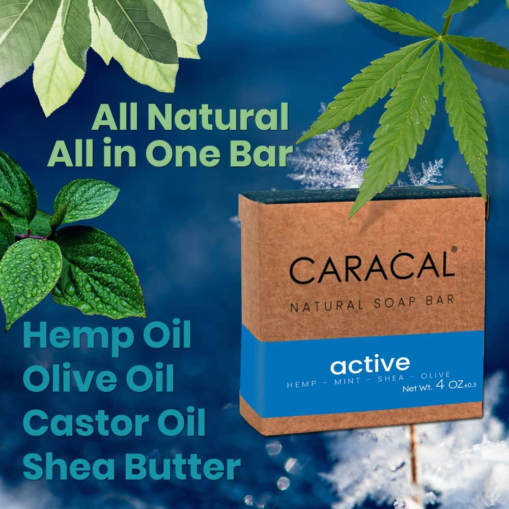 CARACAL Active Camphor Menthol Blast Cooling Soap Bar with Hemp Oil (3-Pack) All Natural Mint Leaves, Olive, Coconut, Castor Oils & Shea Butter