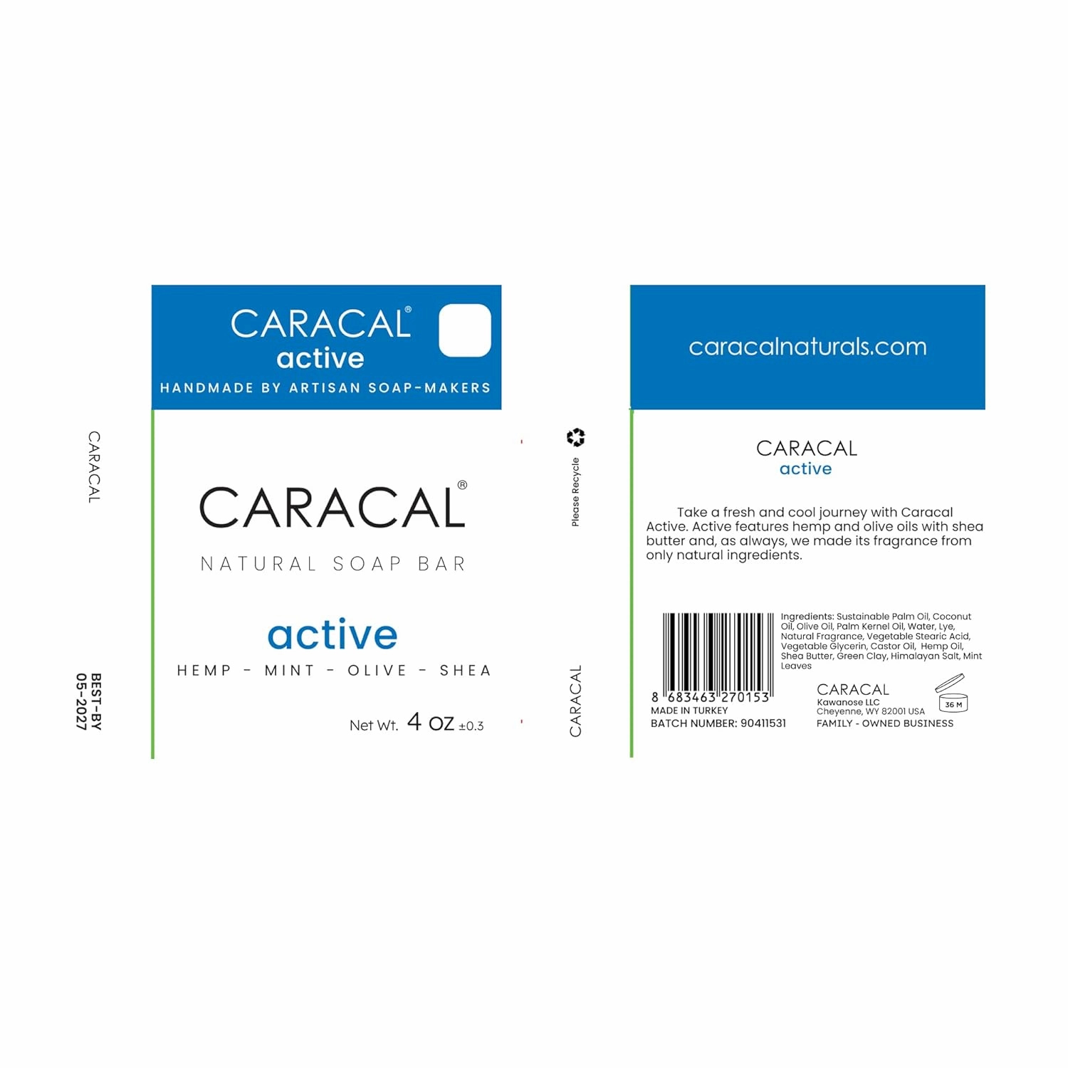 CARACAL Active Camphor Menthol Blast Cooling Soap Bar with Hemp Oil (3-Pack) All Natural Mint Leaves, Olive, Coconut, Castor Oils & Shea Butter