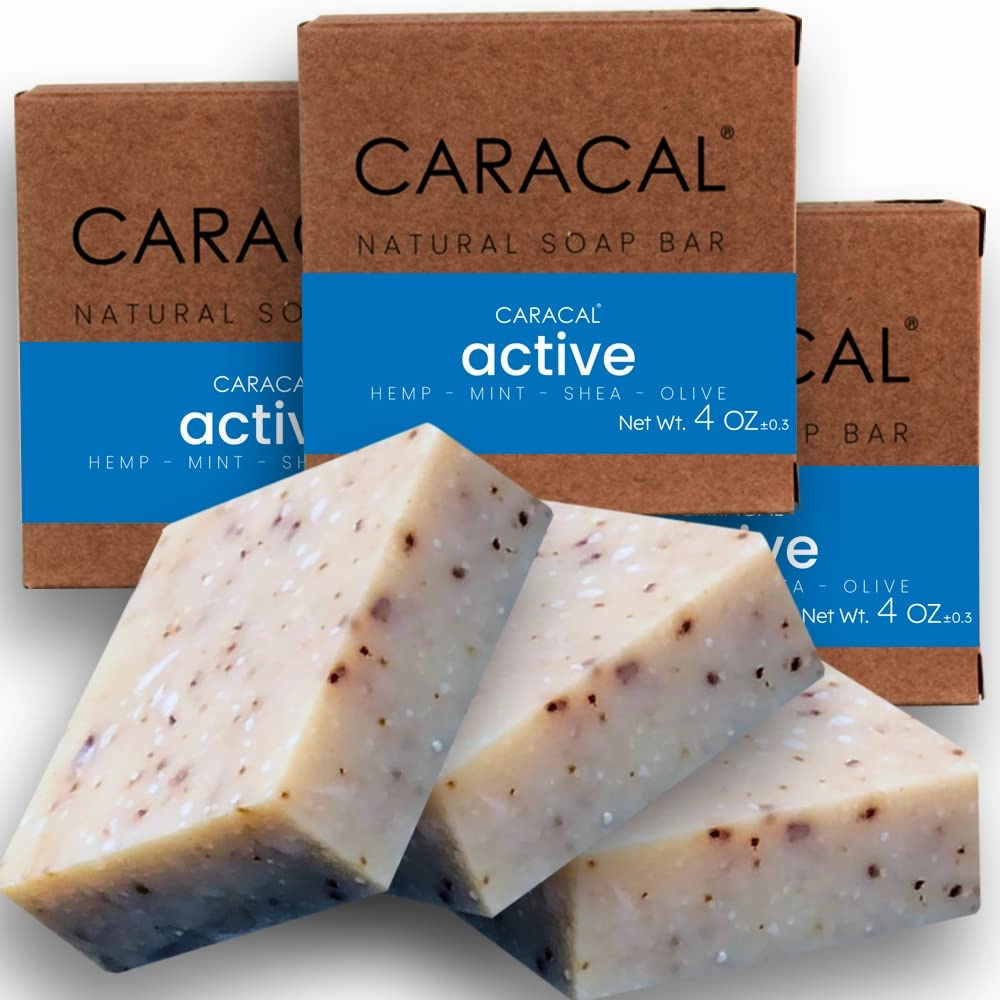 CARACAL Active Camphor Menthol Blast Cooling Soap Bar with Hemp Oil (3-Pack) All Natural Mint Leaves, Olive, Coconut, Castor Oils & Shea Butter