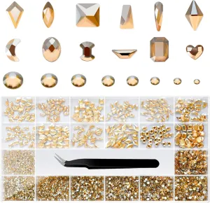 Champagne Gold Rhinestone Set - Multi Shapes, Mixed Sizes, Flatback Nails Charms with Wax Pencil & Tweezers, Storage Box