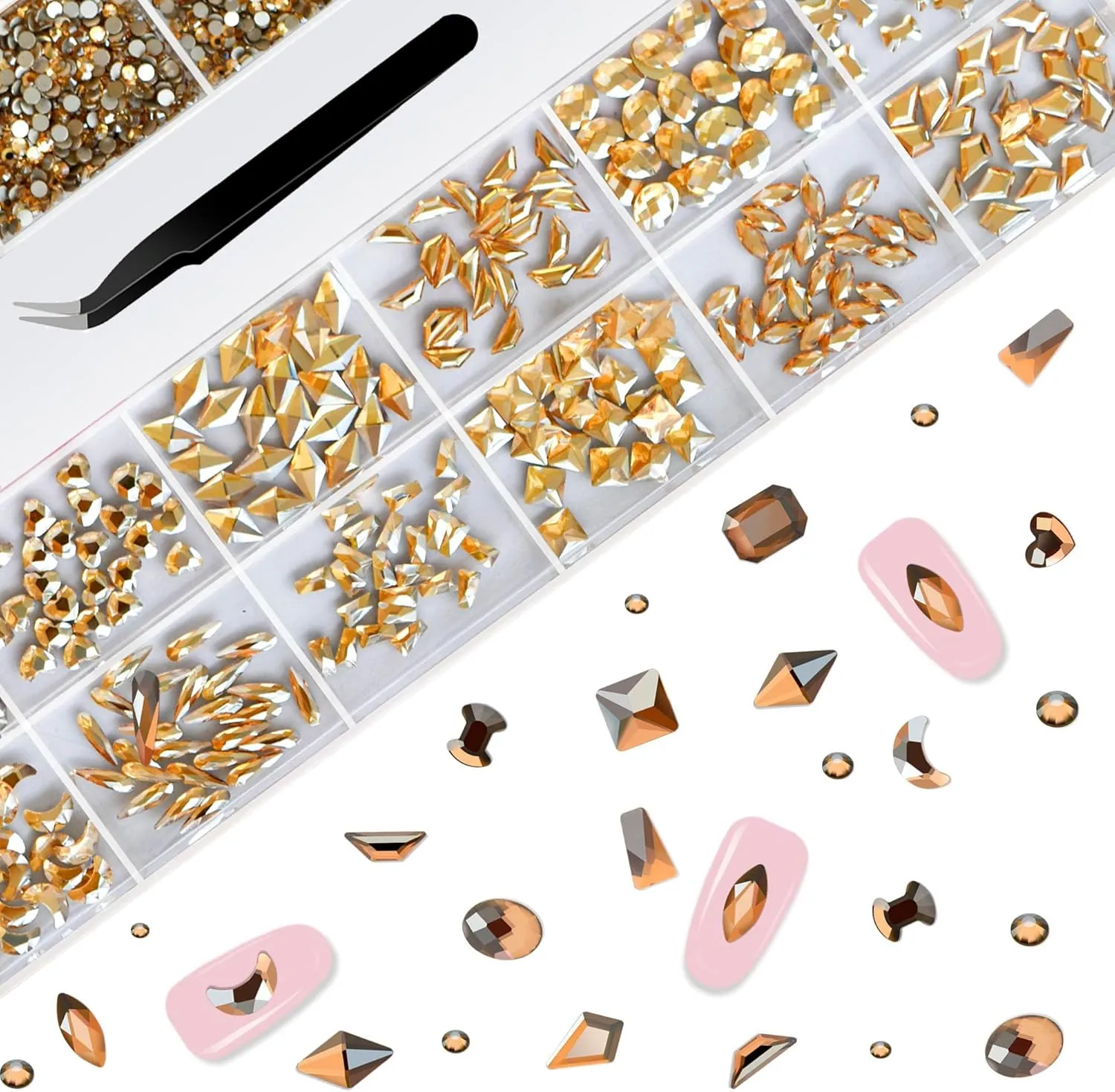 Champagne Gold Rhinestone Set - Multi Shapes, Mixed Sizes, Flatback Nails Charms with Wax Pencil & Tweezers, Storage Box