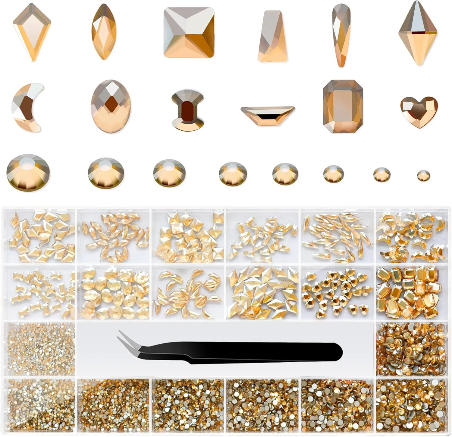 Champagne Gold Rhinestone Set - Multi Shapes, Mixed Sizes, Flatback Nails Charms with Wax Pencil & Tweezers, Storage Box