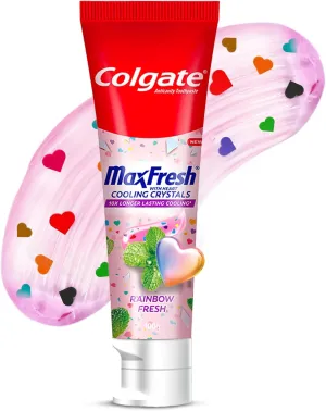 Colgate MaxFresh Rainbow Fresh Gel Toothpaste, with Heart Shaped Cooling Crystals, Triple Mint Flavour, and Ultrafreeze Technology for Intense Freshness, Vegan, Gluten-Free 100g/3.5oz