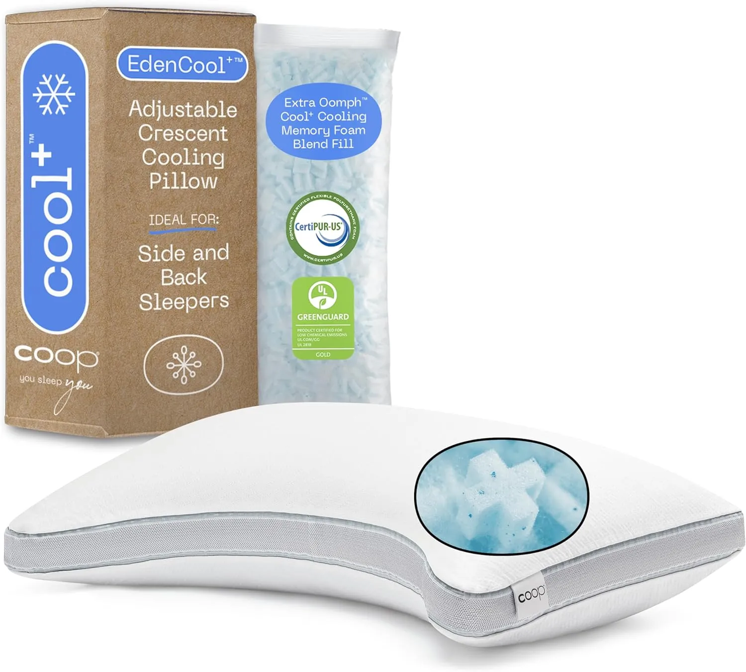 Coop Home Goods Cool  Crescent Adjustable Pillow, King Size Plus Shaped Memory Foam Pillows with Cooling Gel, Neck Support, Back or Side Sleeper Pillow, CertiPUR US/GREENGUARD Gold