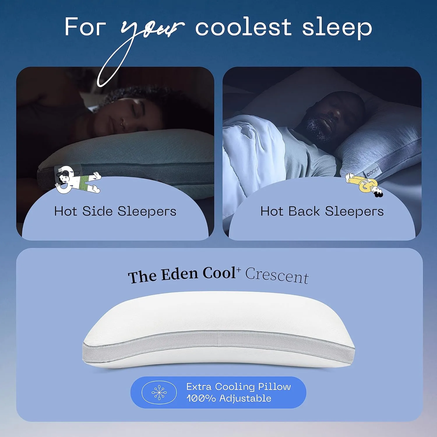 Coop Home Goods Cool  Crescent Adjustable Pillow, King Size Plus Shaped Memory Foam Pillows with Cooling Gel, Neck Support, Back or Side Sleeper Pillow, CertiPUR US/GREENGUARD Gold