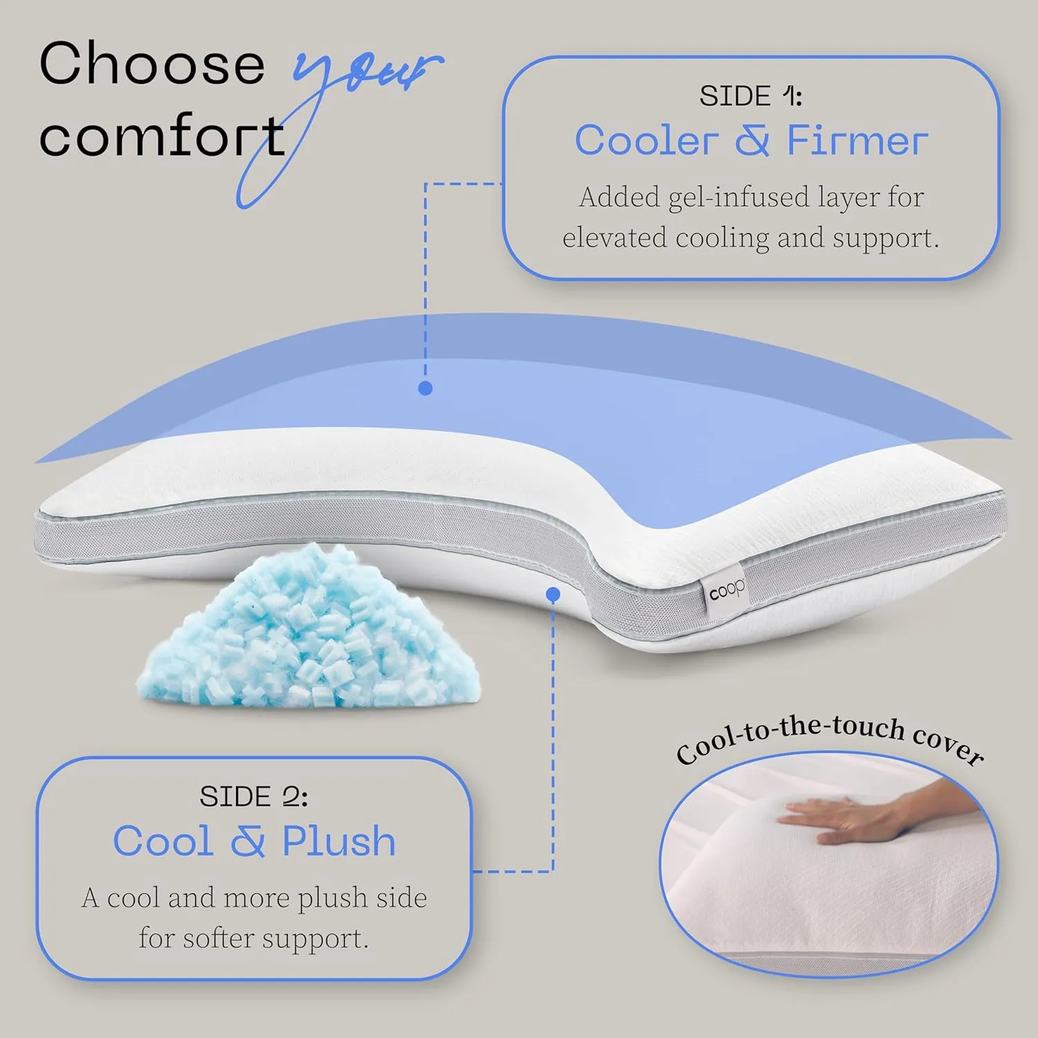 Coop Home Goods Cool  Crescent Adjustable Pillow, King Size Plus Shaped Memory Foam Pillows with Cooling Gel, Neck Support, Back or Side Sleeper Pillow, CertiPUR US/GREENGUARD Gold