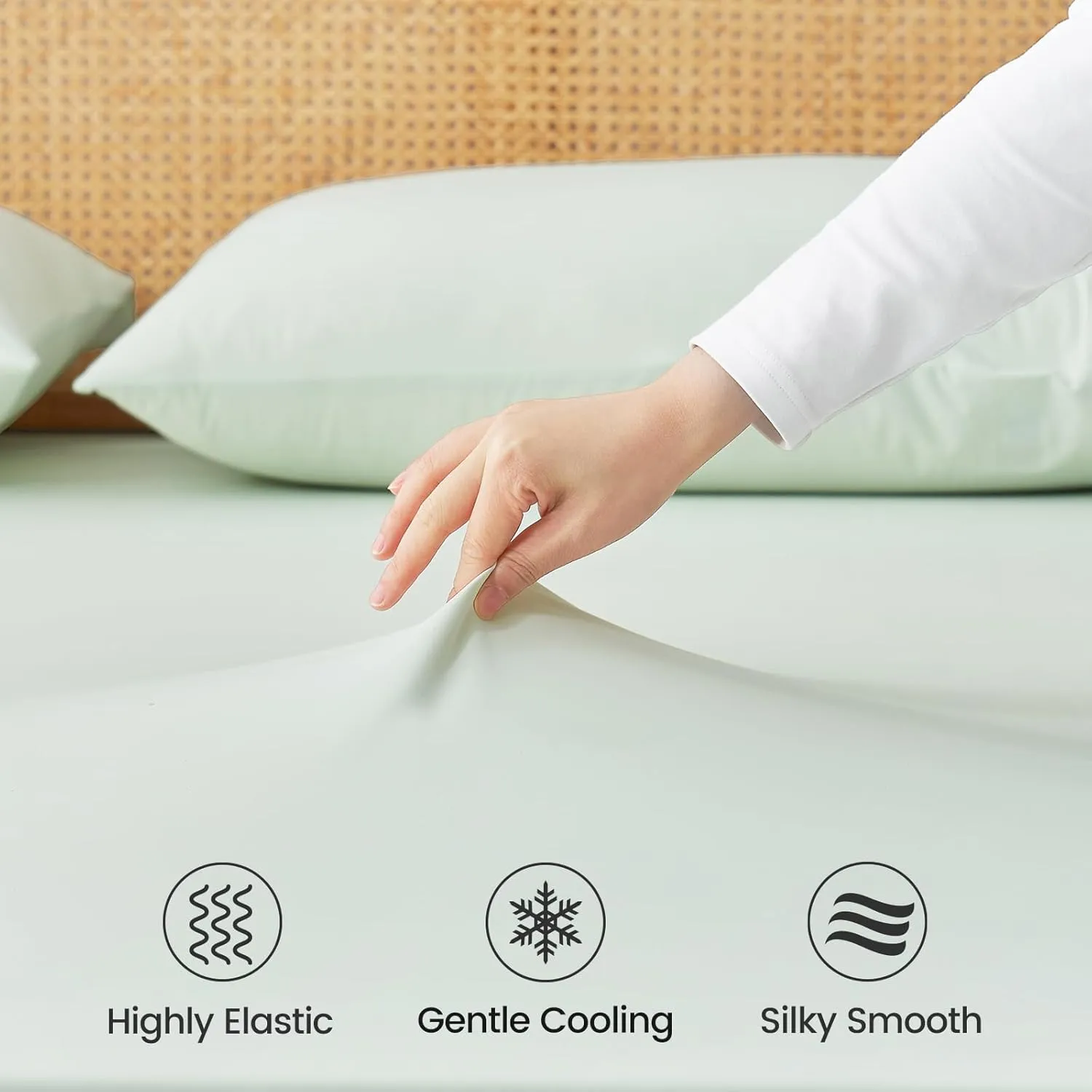 Cozy Bliss Cooling Sheet Set Queen Size, Q-Max>0.4, 3PCS No Flat Sheet with 2 Pillowcases, Breathable Fitted Sheet for Hot Sleepers & Night Sweats, Deep Pocket Up to 15 Inches, Light Mint Green