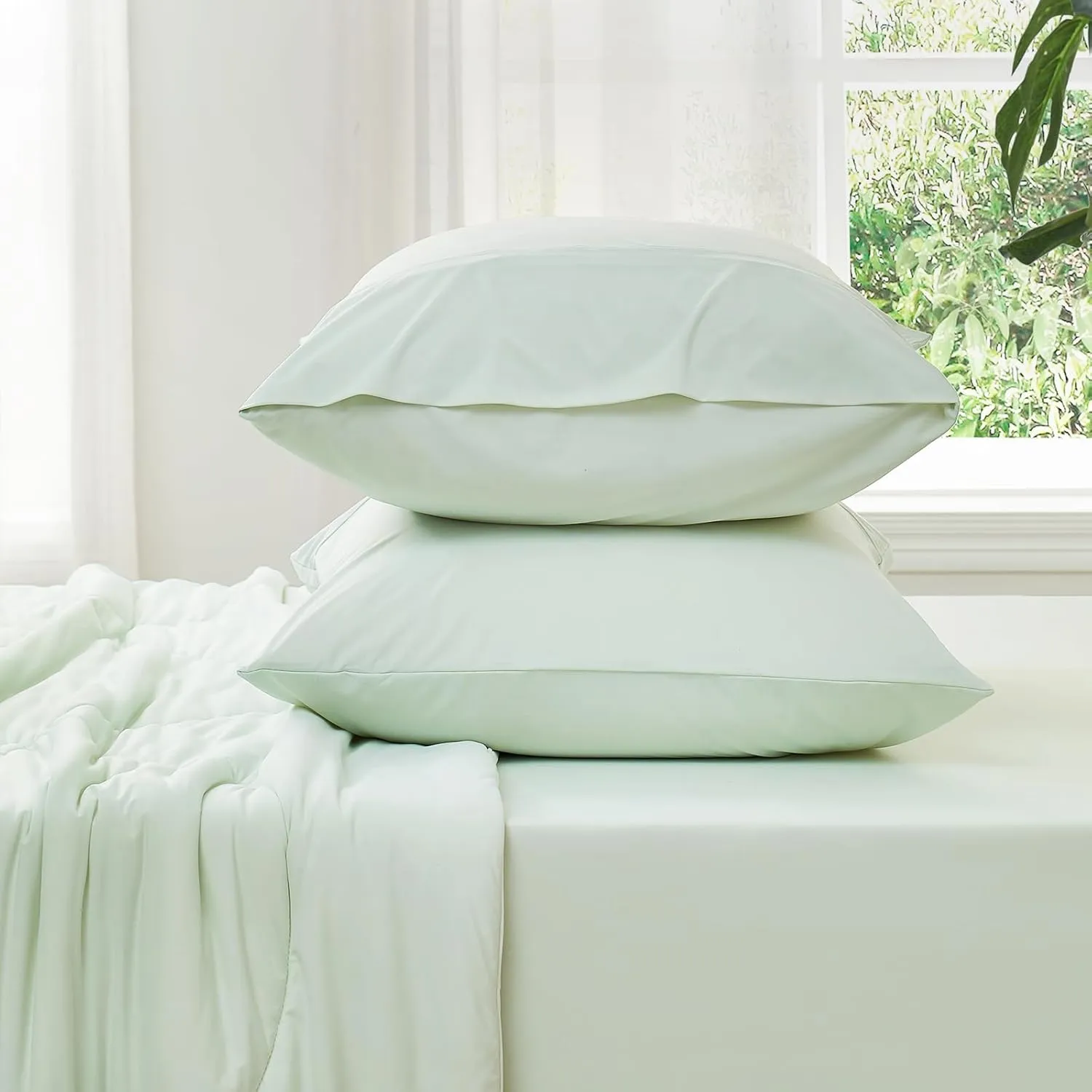 Cozy Bliss Cooling Sheet Set Queen Size, Q-Max>0.4, 3PCS No Flat Sheet with 2 Pillowcases, Breathable Fitted Sheet for Hot Sleepers & Night Sweats, Deep Pocket Up to 15 Inches, Light Mint Green