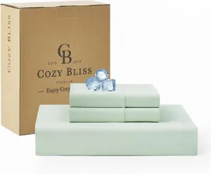 Cozy Bliss Cooling Sheet Set Queen Size, Q-Max>0.4, 3PCS No Flat Sheet with 2 Pillowcases, Breathable Fitted Sheet for Hot Sleepers & Night Sweats, Deep Pocket Up to 15 Inches, Light Mint Green
