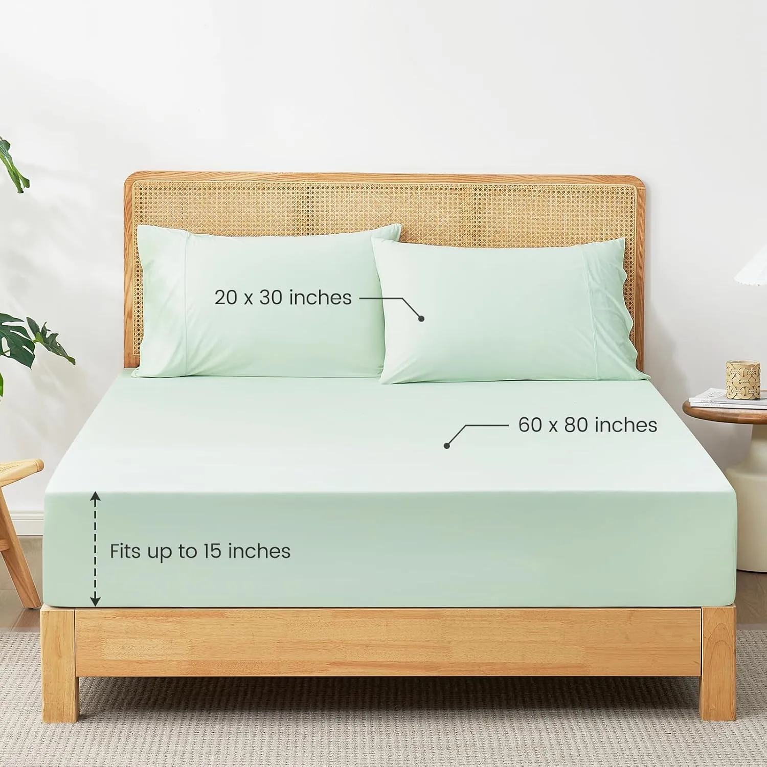Cozy Bliss Cooling Sheet Set Queen Size, Q-Max>0.4, 3PCS No Flat Sheet with 2 Pillowcases, Breathable Fitted Sheet for Hot Sleepers & Night Sweats, Deep Pocket Up to 15 Inches, Light Mint Green