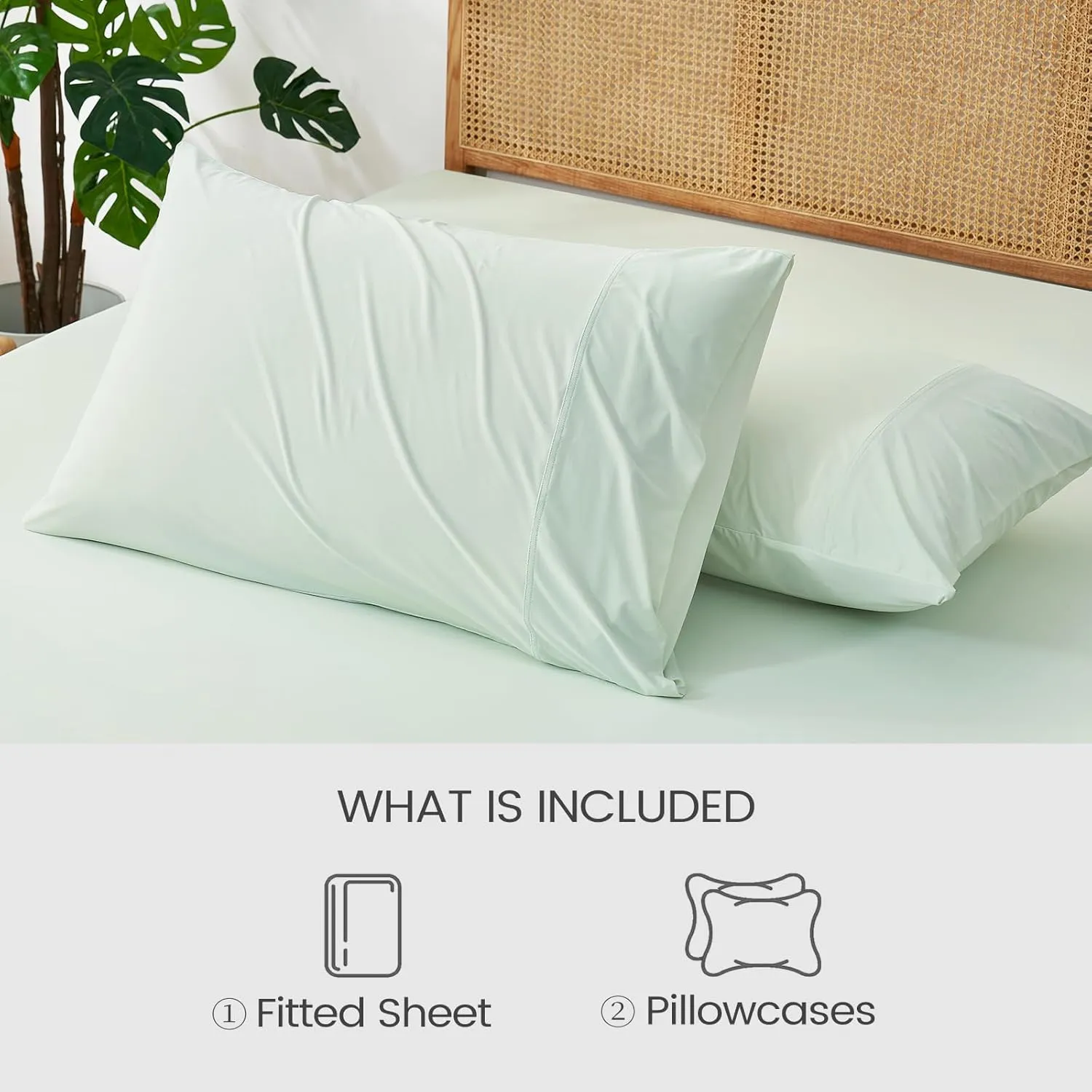 Cozy Bliss Cooling Sheet Set Queen Size, Q-Max>0.4, 3PCS No Flat Sheet with 2 Pillowcases, Breathable Fitted Sheet for Hot Sleepers & Night Sweats, Deep Pocket Up to 15 Inches, Light Mint Green
