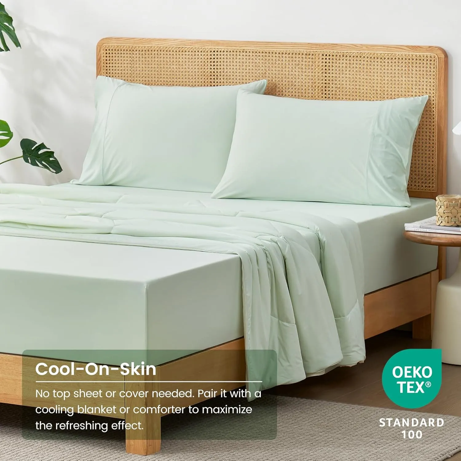 Cozy Bliss Cooling Sheet Set Queen Size, Q-Max>0.4, 3PCS No Flat Sheet with 2 Pillowcases, Breathable Fitted Sheet for Hot Sleepers & Night Sweats, Deep Pocket Up to 15 Inches, Light Mint Green