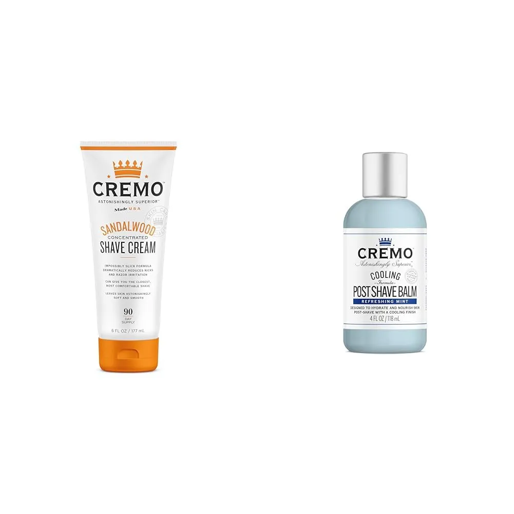 Cremo Barber Grade Sandalwood Shave Cream, Astonishingly Superior Ultra-Slick Shaving Cream, 6 Fl Oz & Cremo Cooling Formula Post Shave Balm, Soothes and Protects Skin, 4 Oz