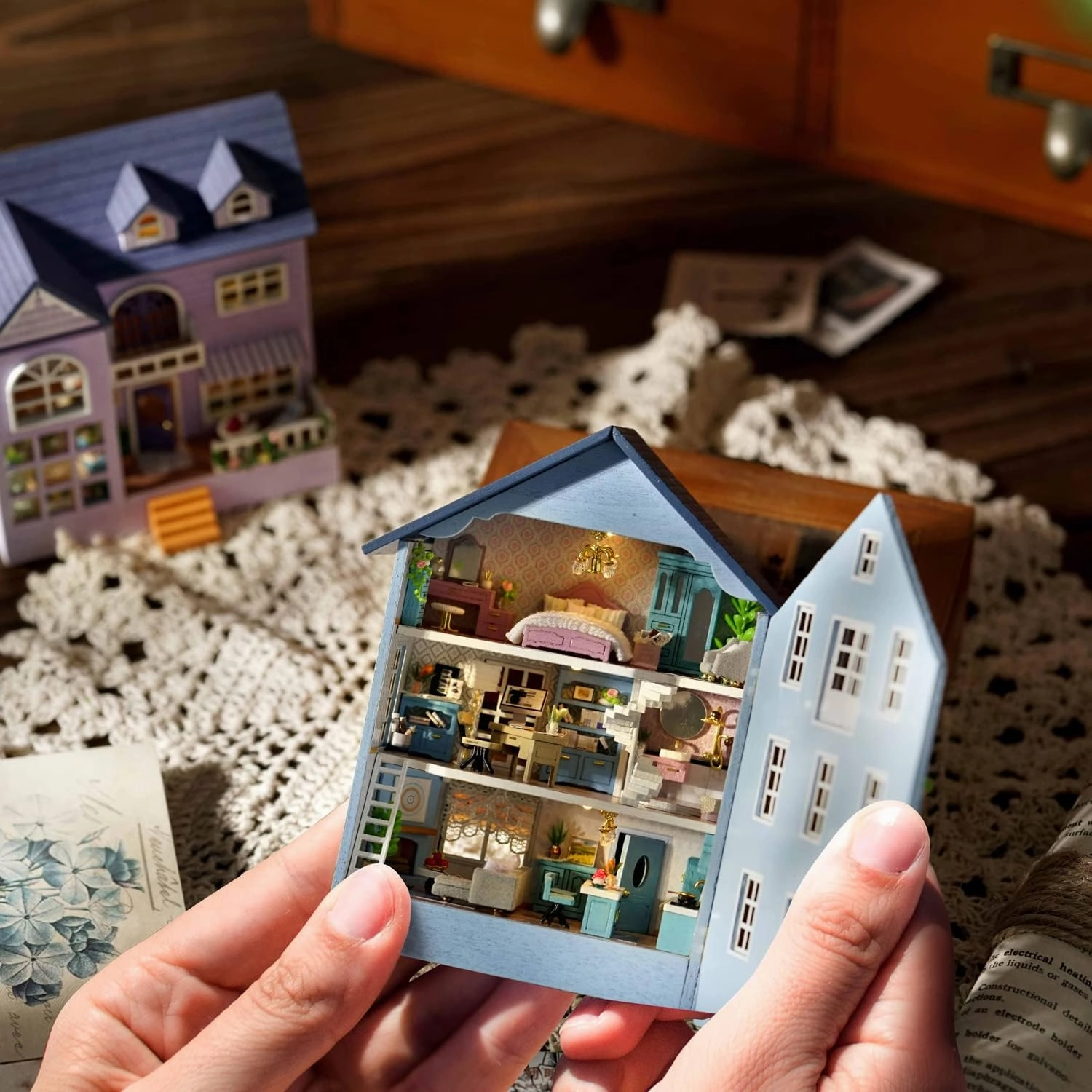 CUTEROOM Dollhouse Miniature with Furniture, DIY Wooden Dollhouse Kit Plus LED Lights, Creative Room for Valentine's Day Gift Idea (D031)