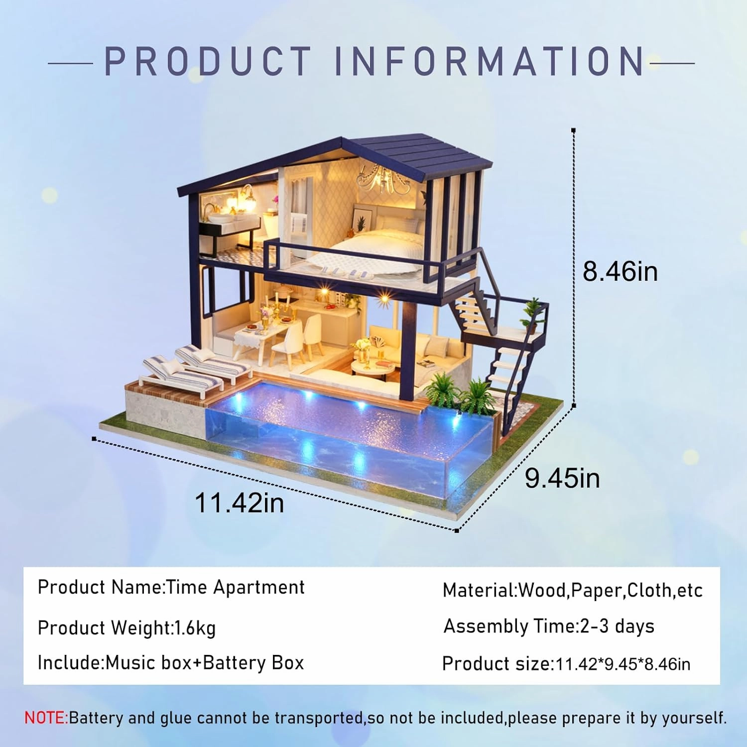 CUTEROOM Miniature House Kit, DIY Dollhouse Kit for Adults to Build, Mini House Making Kit with Furnitures, Time Apartment Dollhouse Kit with Swimming Pool Gifts for Women Girls