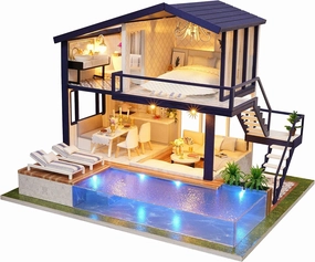 CUTEROOM Miniature House Kit, DIY Dollhouse Kit for Adults to Build, Mini House Making Kit with Furnitures, Time Apartment Dollhouse Kit with Swimming Pool Gifts for Women Girls