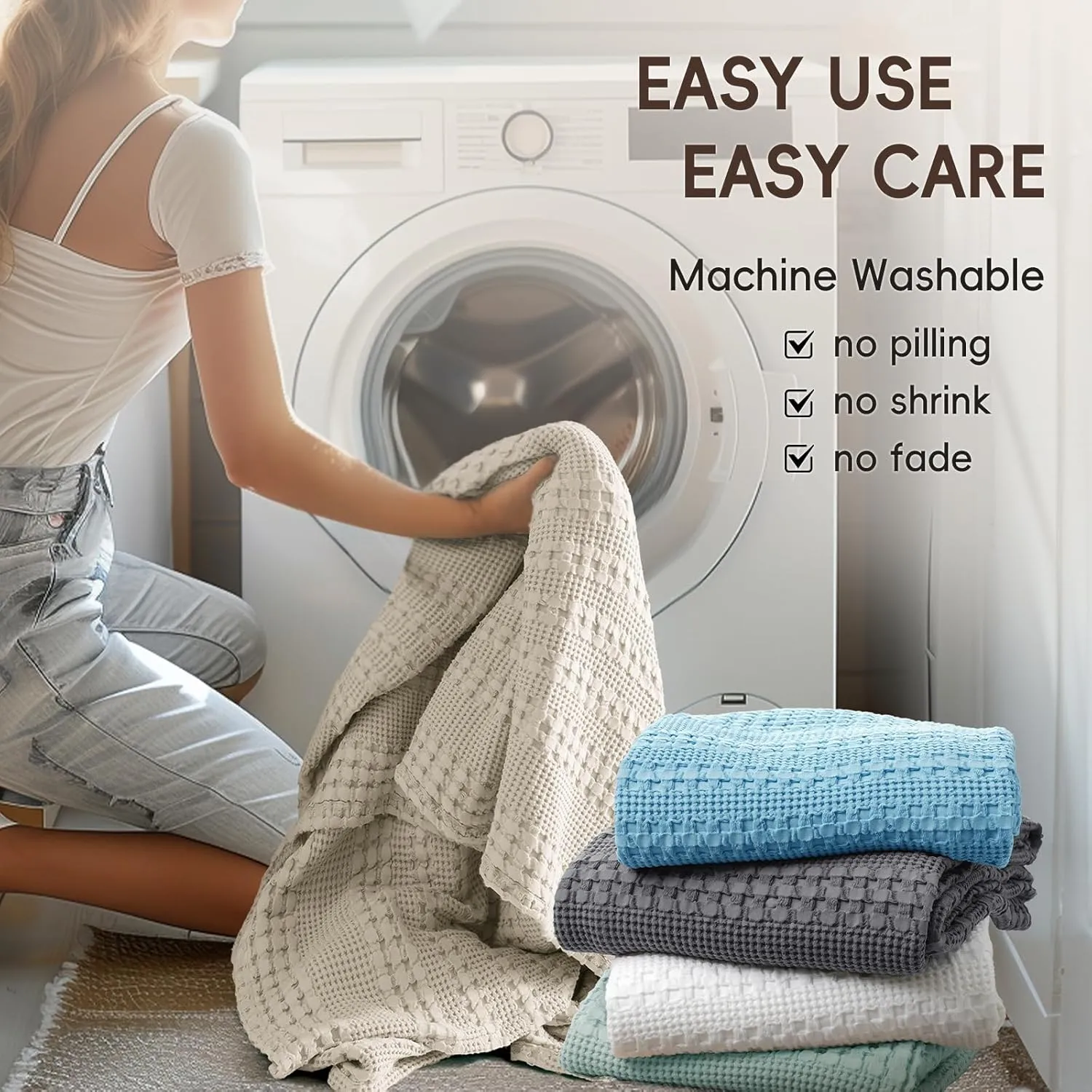 David's Home 100% Cotton Waffle Blanket Queen Size, Lightweight Breathable Soft Cooling Spring Summer Blanket for Bed, Gift for Women, Aesthetics Home Decor for Couch Sofa Bedding,Mint,90x90