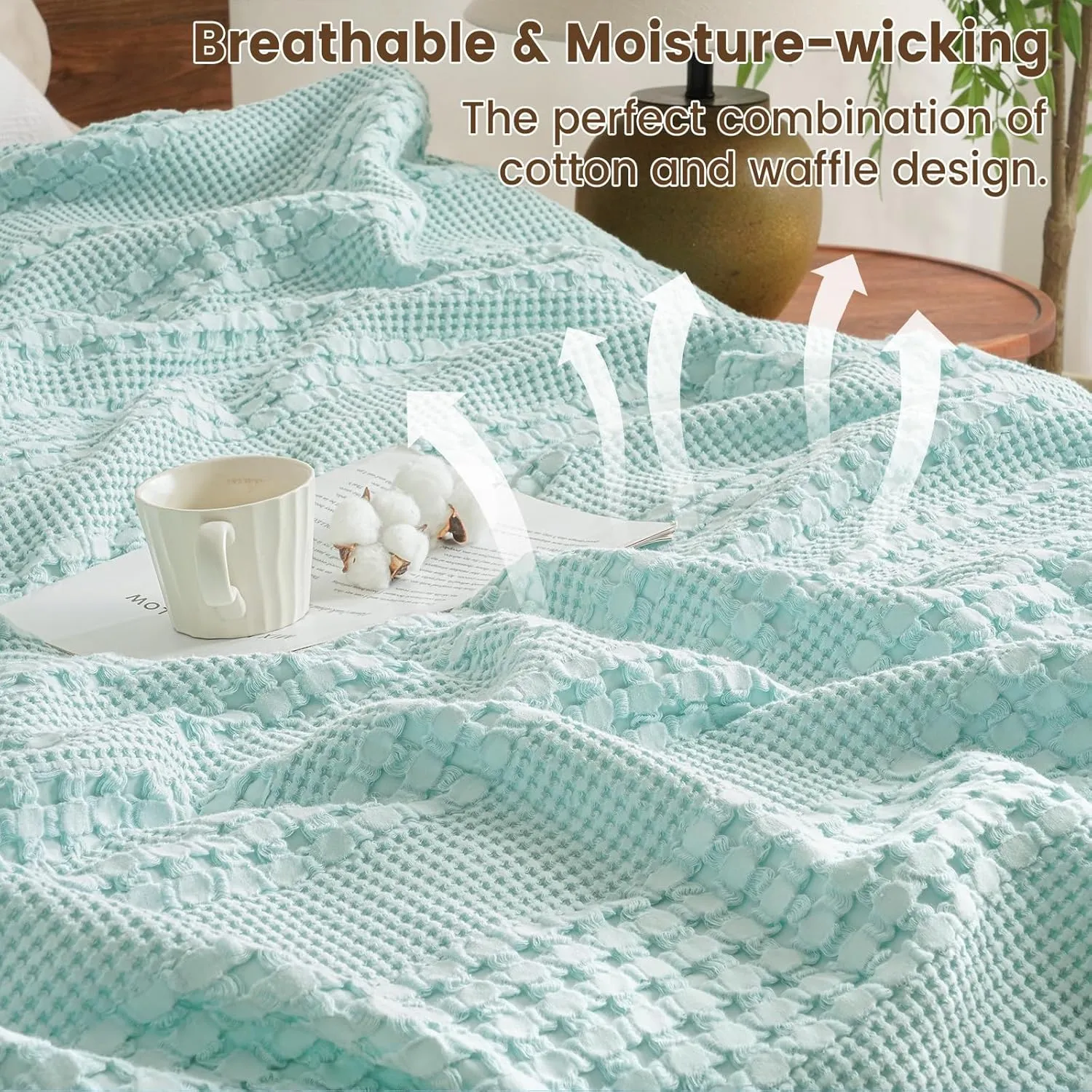 David's Home 100% Cotton Waffle Blanket Queen Size, Lightweight Breathable Soft Cooling Spring Summer Blanket for Bed, Gift for Women, Aesthetics Home Decor for Couch Sofa Bedding,Mint,90x90
