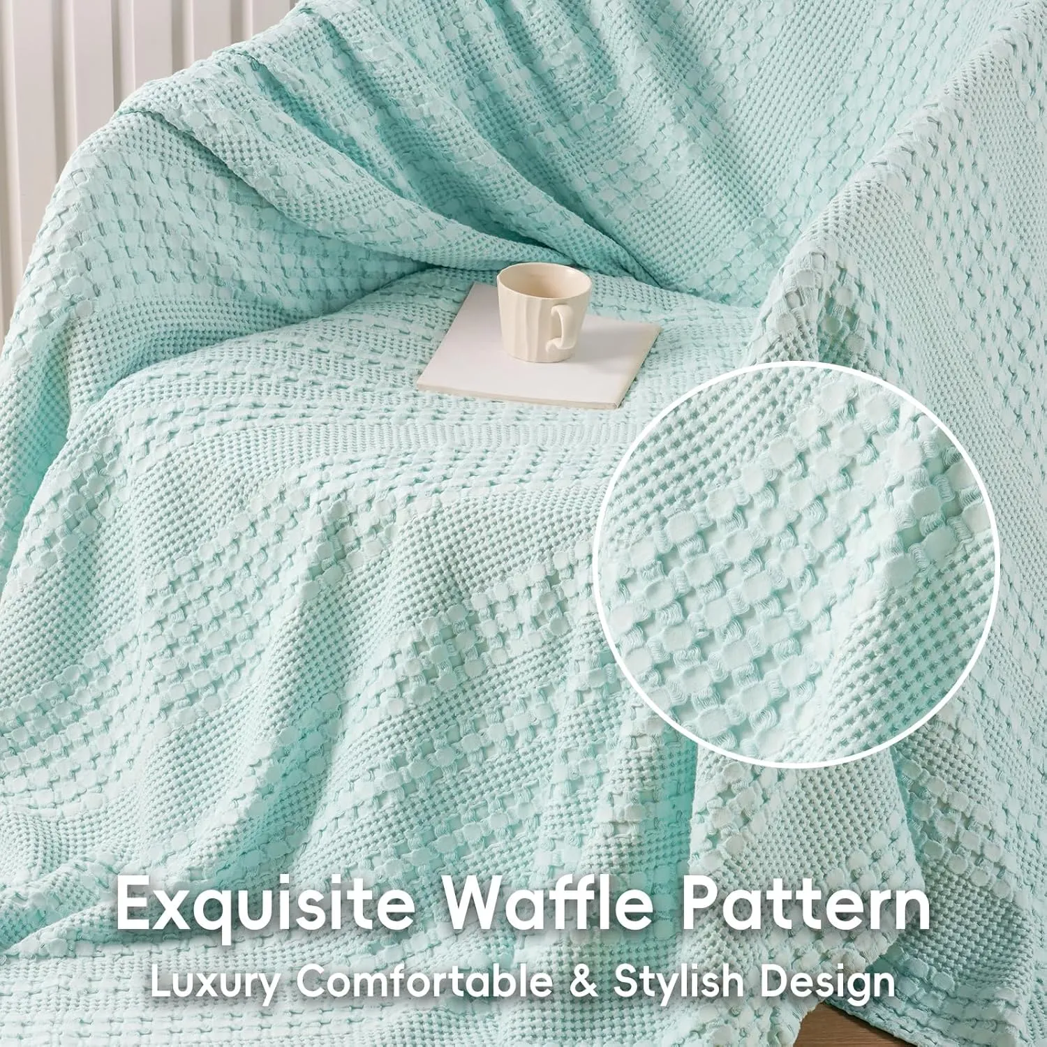 David's Home 100% Cotton Waffle Blanket Queen Size, Lightweight Breathable Soft Cooling Spring Summer Blanket for Bed, Gift for Women, Aesthetics Home Decor for Couch Sofa Bedding,Mint,90x90