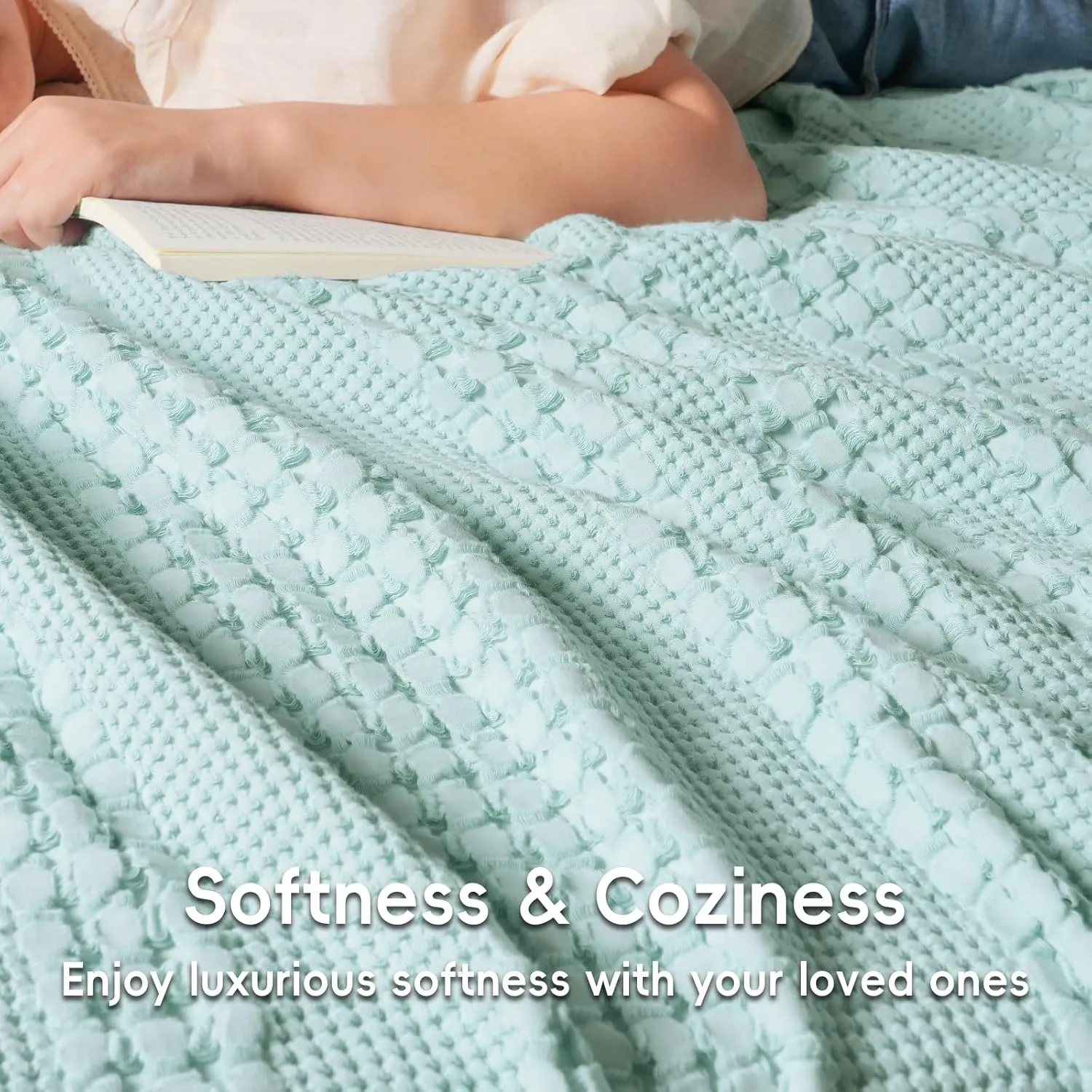 David's Home 100% Cotton Waffle Blanket Queen Size, Lightweight Breathable Soft Cooling Spring Summer Blanket for Bed, Gift for Women, Aesthetics Home Decor for Couch Sofa Bedding,Mint,90x90