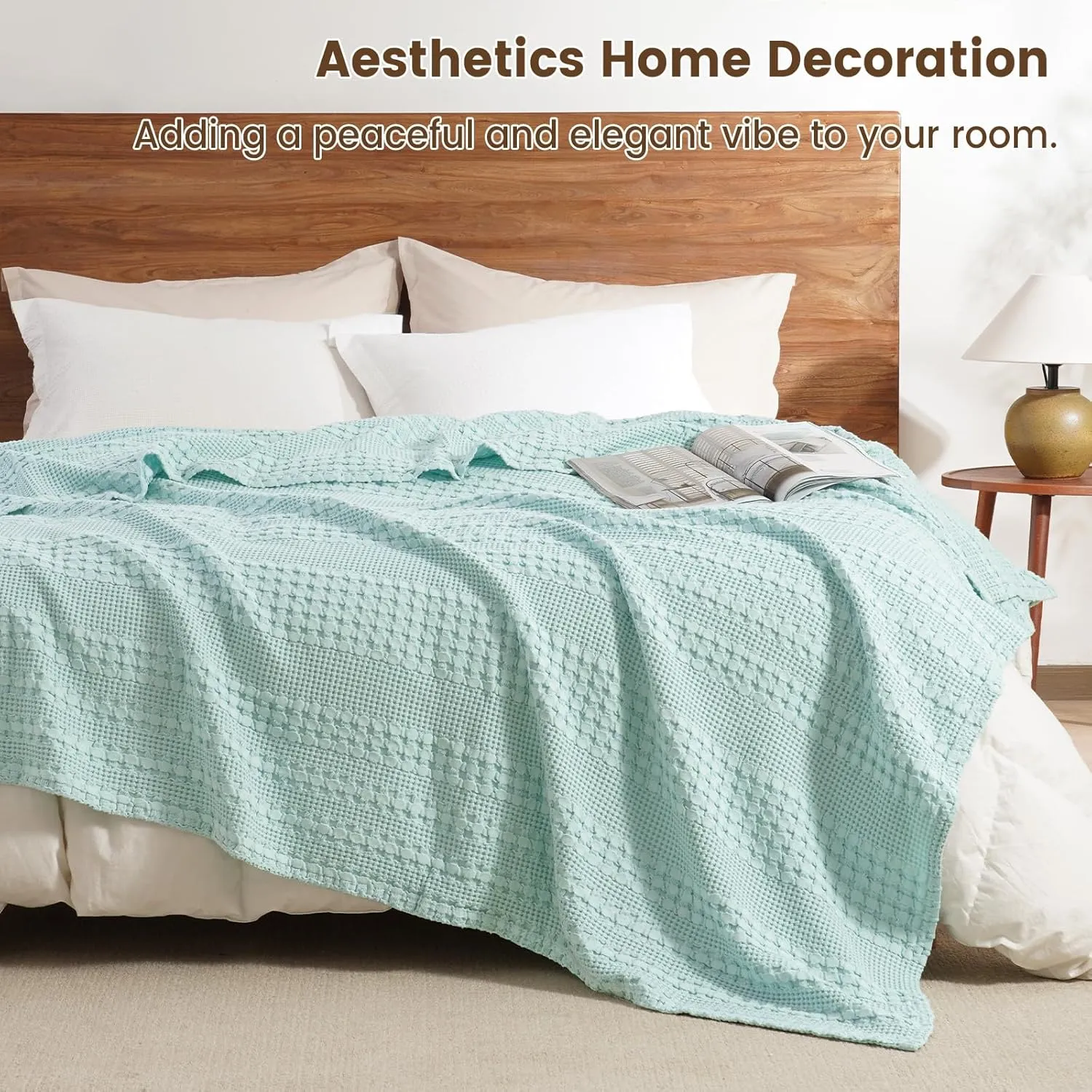 David's Home 100% Cotton Waffle Blanket Queen Size, Lightweight Breathable Soft Cooling Spring Summer Blanket for Bed, Gift for Women, Aesthetics Home Decor for Couch Sofa Bedding,Mint,90x90