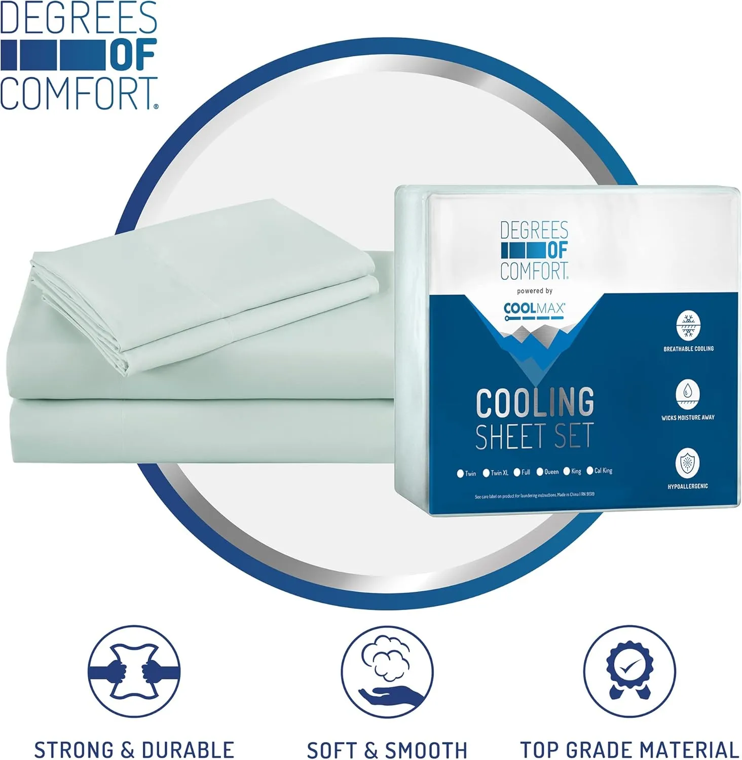 DEGREES OF COMFORT Coolmax Cooling Sheets | Queen Size Bed Sheet Set for Hot Sleepers | Soft Fabric with Deep Pocket, Mint-4PC