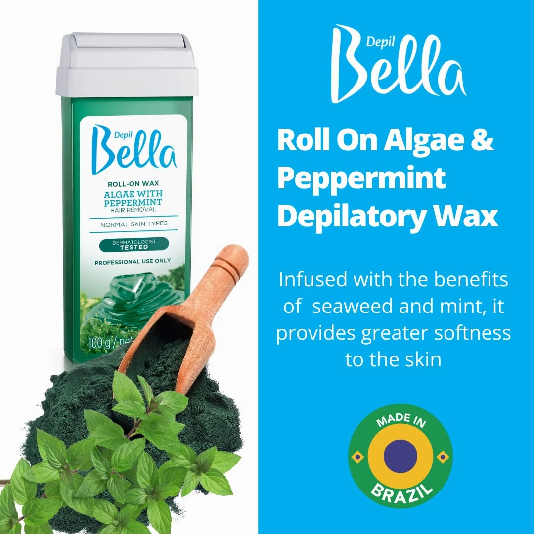 Depil Bella Roll On Wax Algae with Peppermint Depilatory | Body Waxing, Hair Removal Wax-Cartridge | For Men and Women | Home Self Waxing | Sensitive Skin | Dermatologically Tested | Painless (3 PACK)