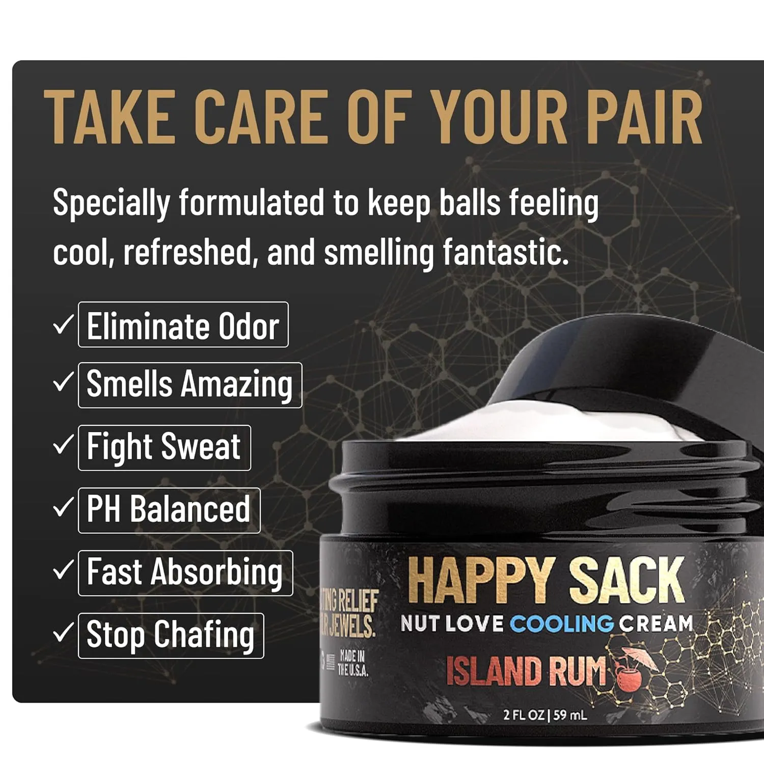 Derm Dude Happy Sack Ball Deodorant & Anti Chafing Cream for Men | Formulated With All-Natural DeoPlex for Odor Control | Aluminum Free Nut Love Cooling Cream - Island Rum Scent, 2 oz (1 Pack)
