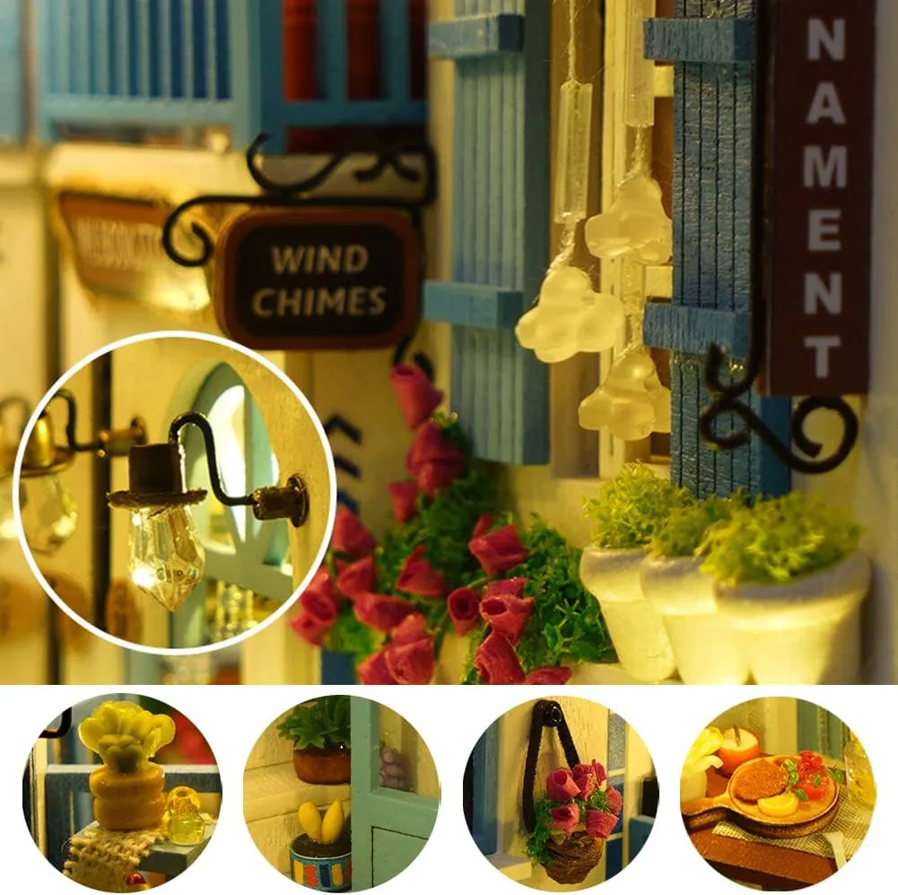 DIY Book Nook Kit 3D Wooden Book Stand Puzzle DIY Dollhouse Wood Bookends Building Model Puzzle Toy with LED Light for Teens and Adults Building Creative Gifts (Sea Breeze)