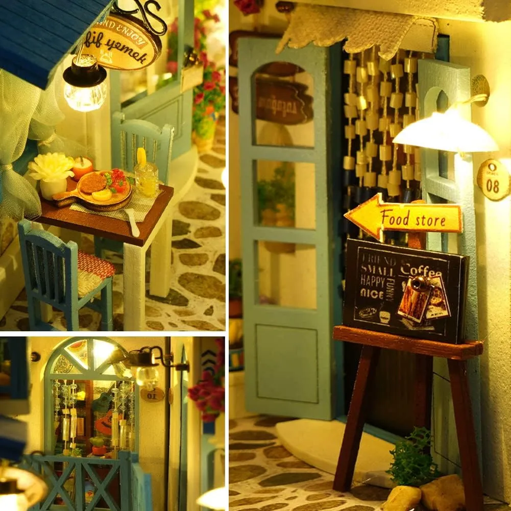 DIY Book Nook Kit 3D Wooden Book Stand Puzzle DIY Dollhouse Wood Bookends Building Model Puzzle Toy with LED Light for Teens and Adults Building Creative Gifts (Sea Breeze)