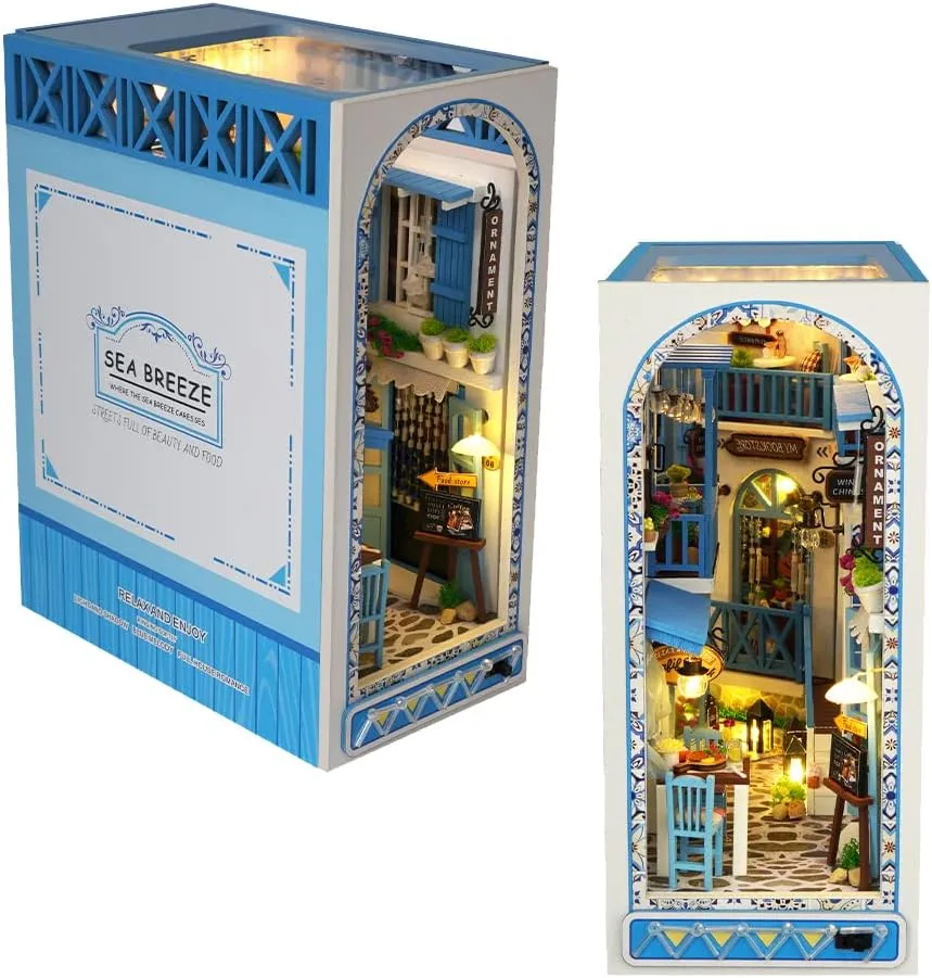 DIY Book Nook Kit 3D Wooden Book Stand Puzzle DIY Dollhouse Wood Bookends Building Model Puzzle Toy with LED Light for Teens and Adults Building Creative Gifts (Sea Breeze)